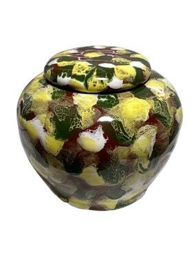 Ceramic Ginger Jar Fossil Craft Lidded Mottled Yellow Green Art Pottery Urn 3"